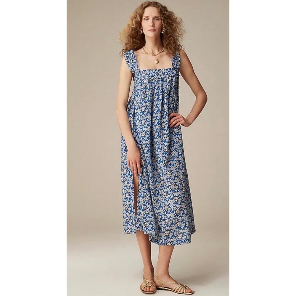 JCrew Blue Floral Cotton Midi Dress Square Neck Ruffle Strap Side Slit Womens M